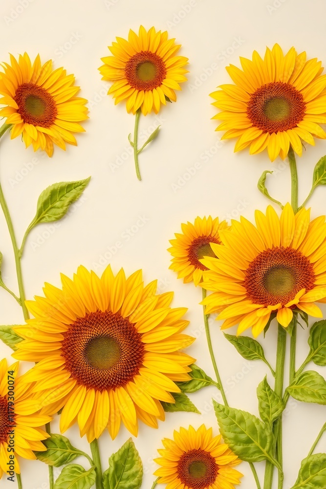 A collection of vibrant sunflowers arranged artistically on a light background. A collection of vibrant sunflowers arranged artistically on a light background.
