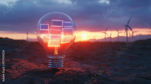 Innovative Light Bulb with Solar Panels at Sunset Over Wind Turbines photo