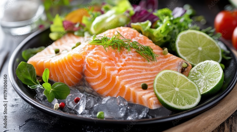 A beautifully presented dish of fresh salmon on ice, garnished with herbs and lime, accompanied by a vibrant salad, creating a visually appealing and healthy meal. A beautifully presented dish of fresh salmon on ice, garnished with herbs and lime, accompanied by a vibrant salad, creating a visually appealing and healthy meal.
