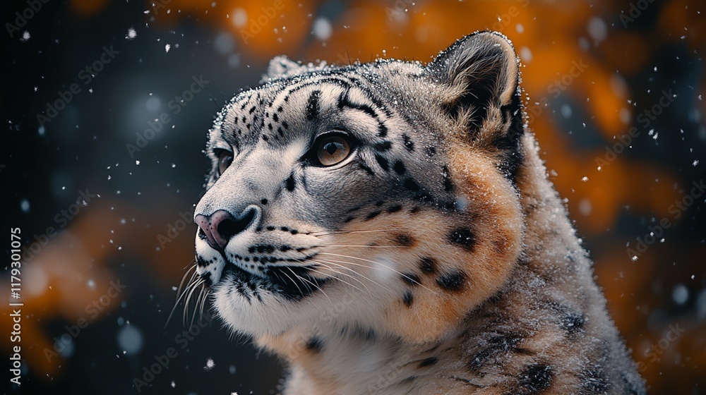 Obraz premium A regal snow leopard, its fur lightly coated with snowflakes, perfectly captures the wild essence of its natural habitat.
