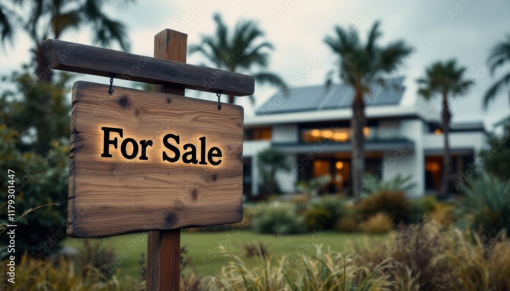 Luxury Home for Sale with Illuminated Sign and Palm Trees in the Background Luxury Home for Sale with Illuminated Sign and Palm Trees in the Background
