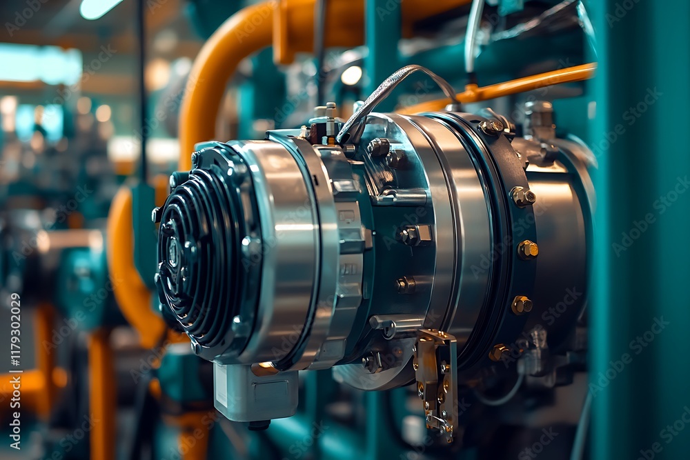 Industrial pump with electric motor operating in factory setting Industrial pump with electric motor operating in factory setting