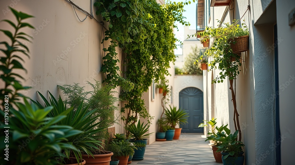 Naklejka premium Crete Village Alley - Lush Plants & Sunlight