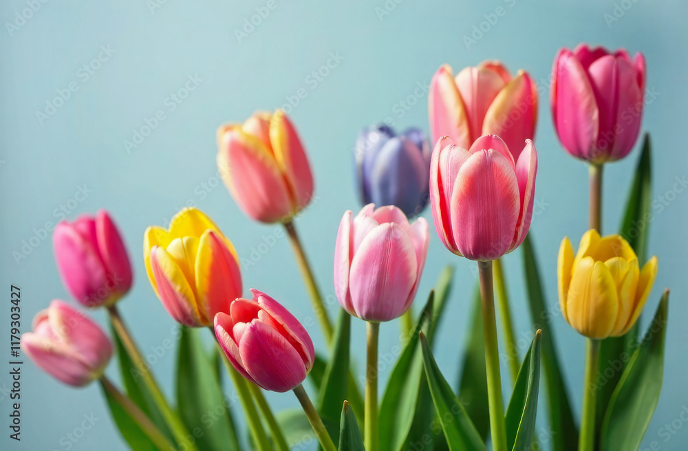 Close up fresh colorful tulips on blue background with spase for text. Copy space