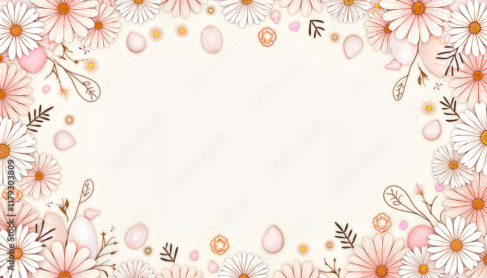 Fototapeta premium Floral frame with daisies and Easter eggs in soft pastel colors, perfect for spring designs with copy space