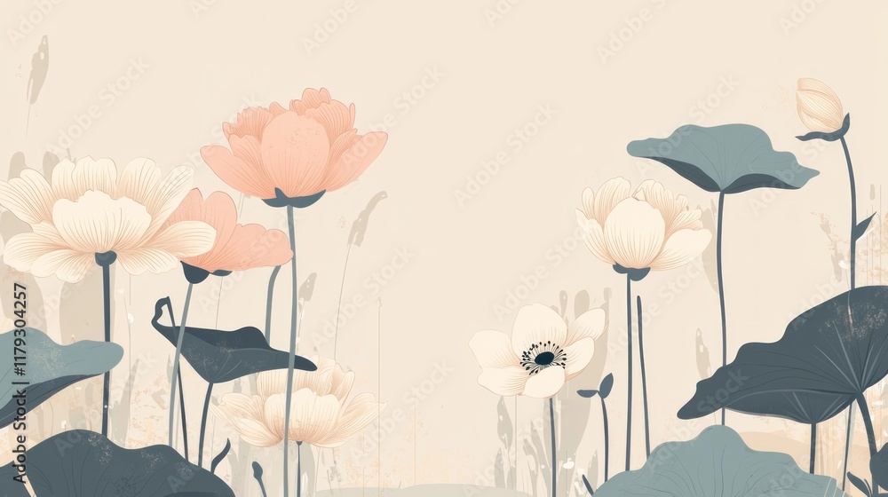 Obraz premium Elegant Illustration of Soft Pastel Lotus Flowers against a Minimalist Background with Subtle Shades for Tranquil and Serene Atmosphere
