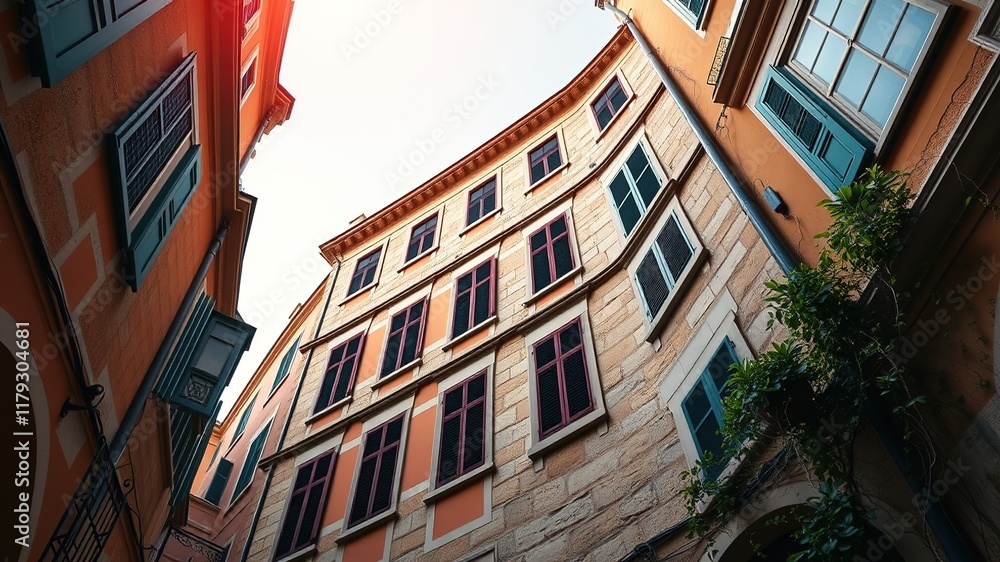 Naklejka premium Croatian Old Town Mali Losinj Historic Building POV Upward, Architectural Photorealistic AI
