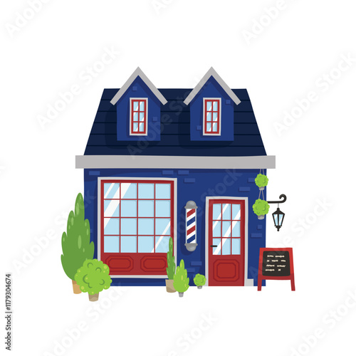 Series of houses, shops, cafes, and other buildings picturing small town landscape in vector drawing illustration