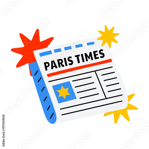 Newspaper with paris times text, flat sticker 
