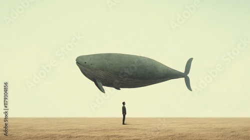 Man gazes up at a giant whale floating in the sky above a barren landscape.