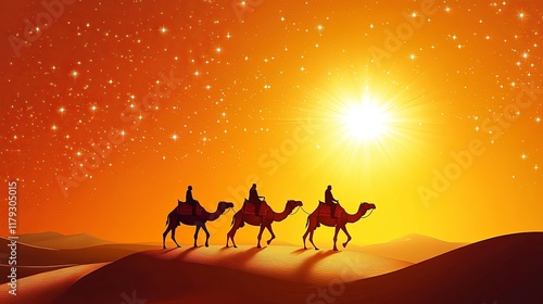 Wallpaper Mural Desert Caravan Silhouette: Golden Sunset and Starry Sky Torontodigital.ca