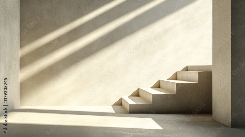 Obraz premium Natural light falls on a minimalist staircase in a serene concrete interior during daylight hours. Generative AI