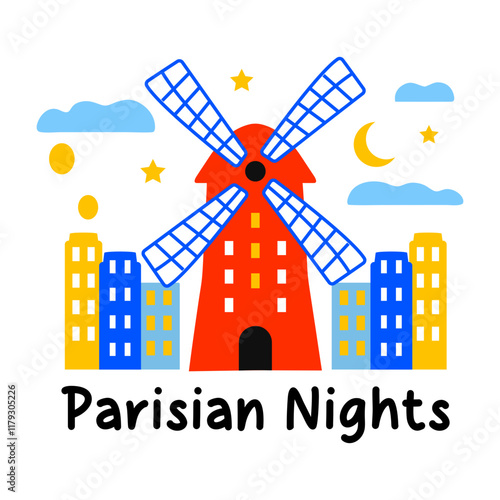 Parisian nights typography with a windmill, flat sticker 
