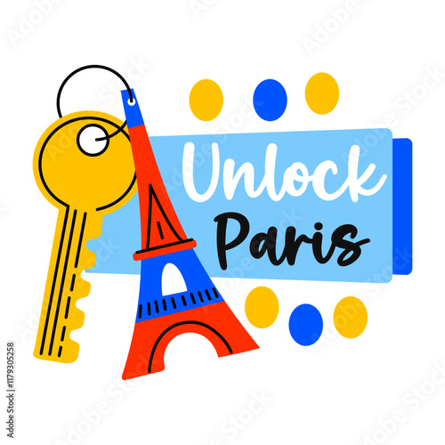 Eiffel keychain with unlock paris text, flat sticker 

