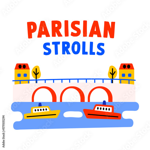 Boats cruising under a bridge with parisian strolls text, flat sticker 
