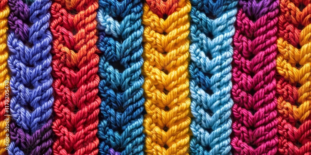 Vibrant seamless knitted pattern showcases a crocheted design created with bright acrylic yarn. This texture features multi colored stitches and an eye catching complementary color combination. Vibrant seamless knitted pattern showcases a crocheted design created with bright acrylic yarn. This texture features multi colored stitches and an eye catching complementary color combination.