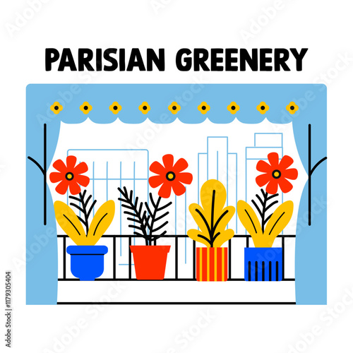 Parisian greenery text with a balcony view, flat sticker 
