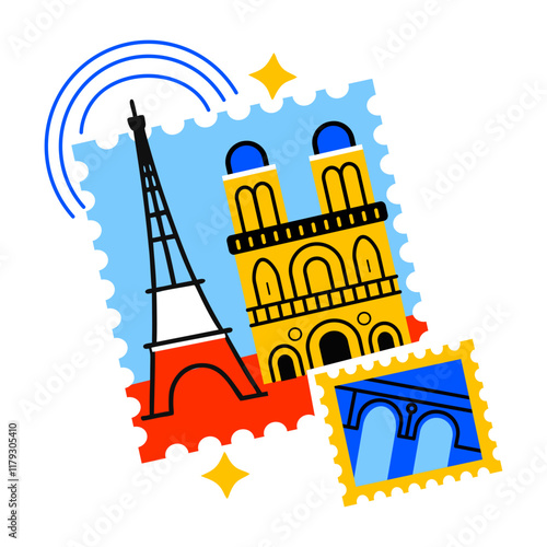 Paris stamps with famous french landmarks, flat sticker 
