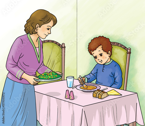 A mother preparing food for her son. A little boy eating.