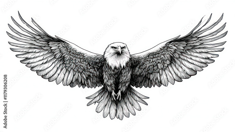 Obraz premium Majestic bald eagle with wings spread wide, grayscale illustration.