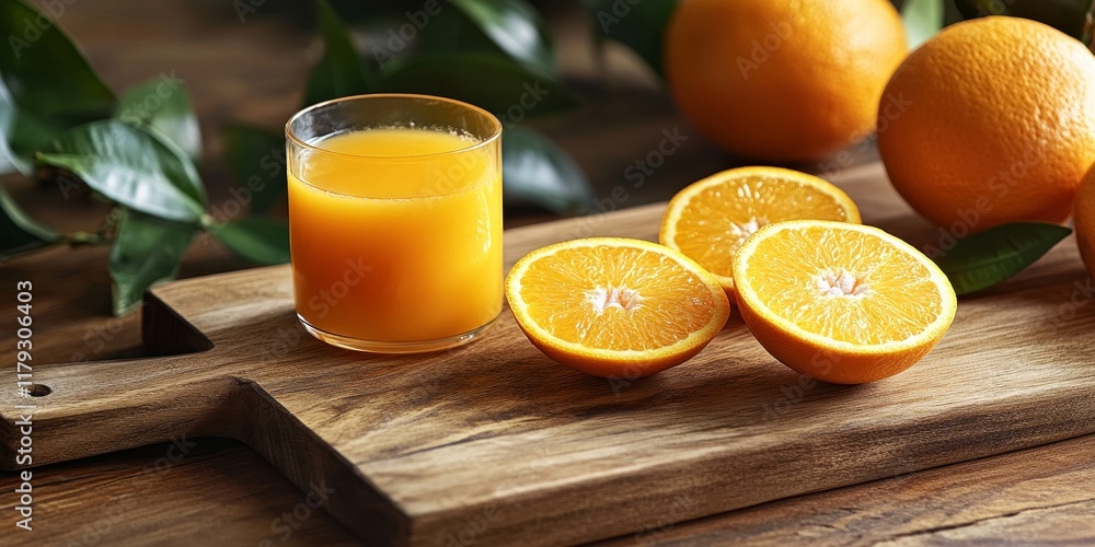 Naklejka premium Fresh orange juice on a rustic wooden cutting board, accompanied by a halved orange, creates a vibrant display of orange juice and citrus freshness perfect for any kitchen setting.