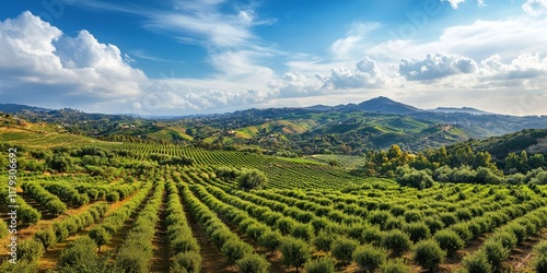 Expansive panoramic view showcasing a vibrant avocado orchard, highlighting the lush greenery and abundant avocado trees in this picturesque scene of nature s beauty and agricultural charm. photo