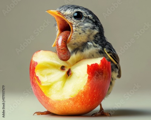 A bird perched on an apple, pulling a worm from inside with its beak, set against a natural background. photo