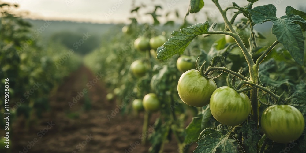 Fototapeta premium Tomato planting featuring lush green tomatoes in a field under overcast skies. The process of tomato planting showcases the growth of green tomatoes, highlighting the importance of optimal weather.