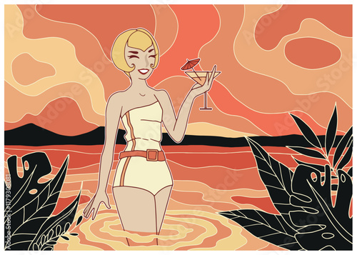 colorful and bright illustration in art deco style, summer time