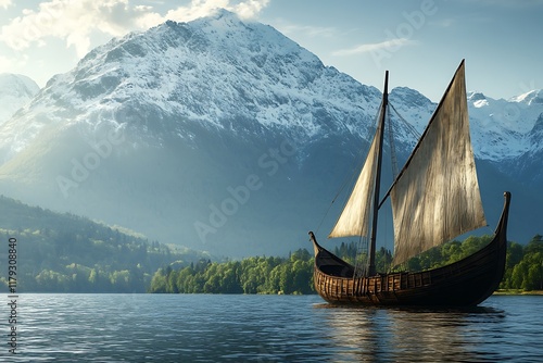 Fototapeta Naklejka Na Ścianę i Meble -  Drakkar viking ship sailing on a lake with snowy mountains in background
