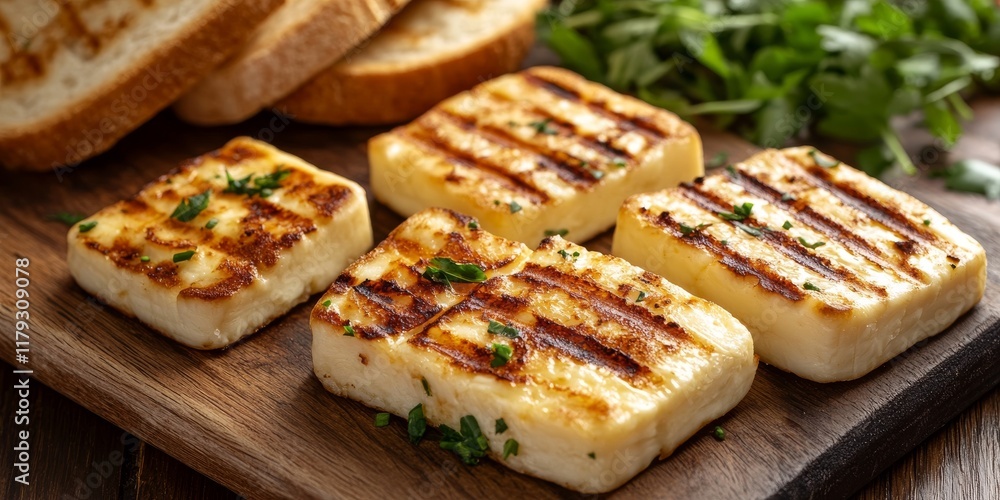 Grilled haloumi cheese squares alongside halved burger bread, showcasing the delightful combination of haloumi cheese and grilled flavors for a delicious meal experience. Grilled haloumi cheese squares alongside halved burger bread, showcasing the delightful combination of haloumi cheese and grilled flavors for a delicious meal experience.