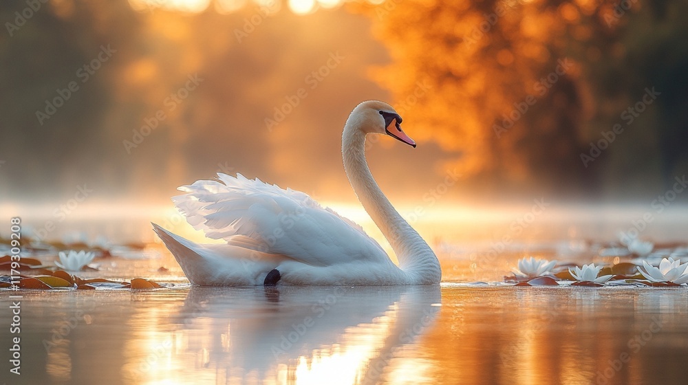 Fototapeta premium A graceful white swan moves smoothly across a tranquil lake at dawn, encircled by water lilies and bathed in gentle golden light shimmering on the surface.