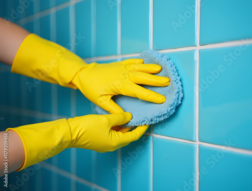 Hand wearing a yellow glove cleans a blue tile surface. A houseworker wipes the area with protective rubber gloves. Concept of professional cleaning service. Illustration suitable for a card, banner,  photo