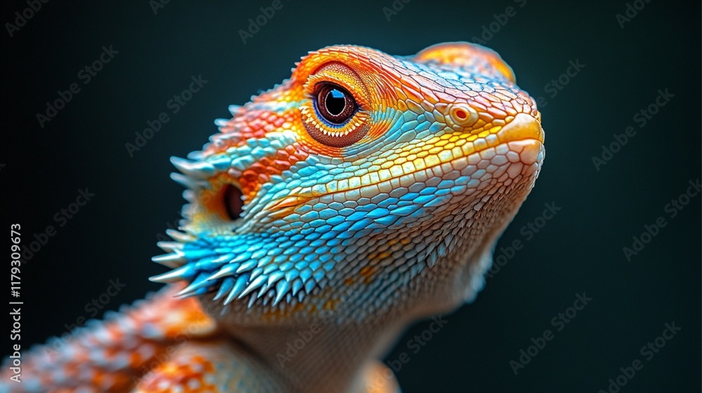 Obraz premium A striking representation of a bearded dragon lizard, featuring its textured skin and penetrating eyes, placed against a deep, dark background.