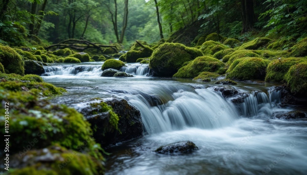 Mossy Rocks and Cascading Water in a Lush Forest Landscape Mossy Rocks and Cascading Water in a Lush Forest Landscape