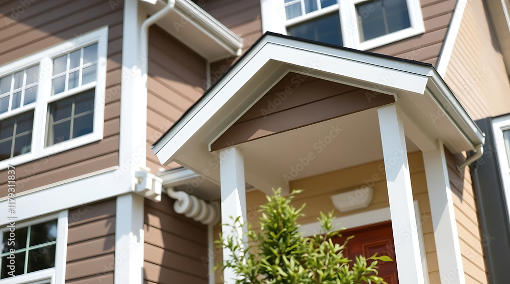 Fototapeta premium Close-up view of a house's exterior, showcasing brown siding, white trim, multiple windows, and a covered porch entrance with white columns. A small shrub is visible near the entrance.