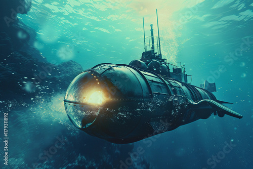 Beautiful large bathyscaphe floating in middle of deep ocean during exploration, abstract vivid composition consists of fictional unreal fantastic vision on background photo