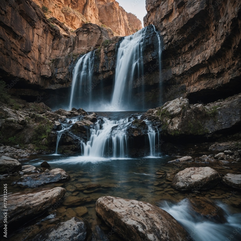 A wide-angle shot of a waterfall in a rocky canyon. A wide-angle shot of a waterfall in a rocky canyon.