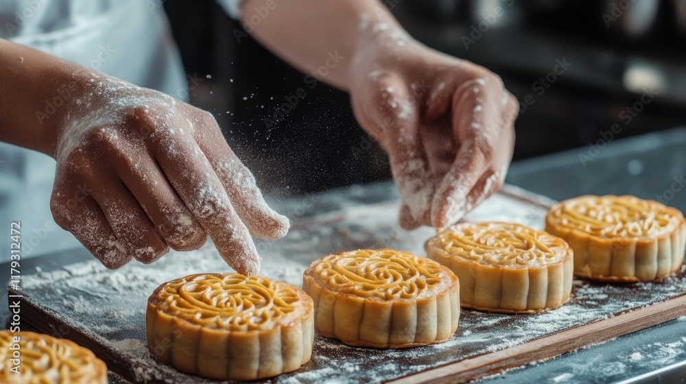 A chef carefully places a mooncake on a tray, showcasing intricate designs with flour dusting their hands, capturing the artistry of Chinese New Year traditions. A chef carefully places a mooncake on a tray, showcasing intricate designs with flour dusting their hands, capturing the artistry of Chinese New Year traditions.