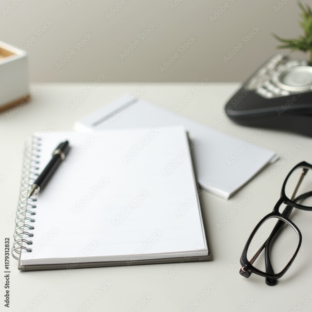 Close-up of a clean, decluttered desk with a notepad, phone, and glasses, representing efficiency, simplicity, and organized work habits. Close-up of a clean, decluttered desk with a notepad, phone, and glasses, representing efficiency, simplicity, and organized work habits.