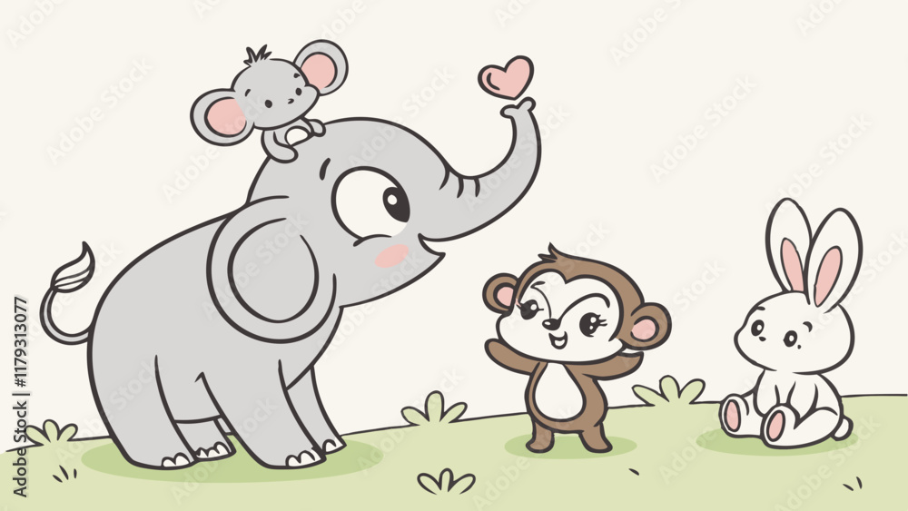 Obraz premium Cute Animals Sharing a Heart: A heartwarming cartoon scene