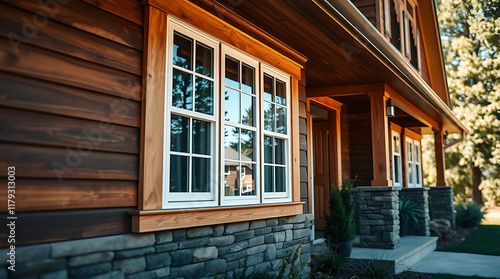 A section of a house with dark brown wood siding, a large multi-paned white window with a wood frame, and a stone foundation.  Part of the porch and landscaping are visible.