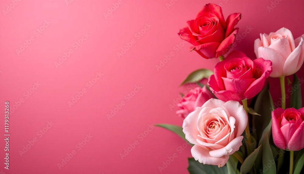 Pink and Red Roses and Tulips Bouquet on Pink Background - Valentine's Day, Mother's Day, Anniversary Pink and Red Roses and Tulips Bouquet on Pink Background - Valentine's Day, Mother's Day, Anniversary