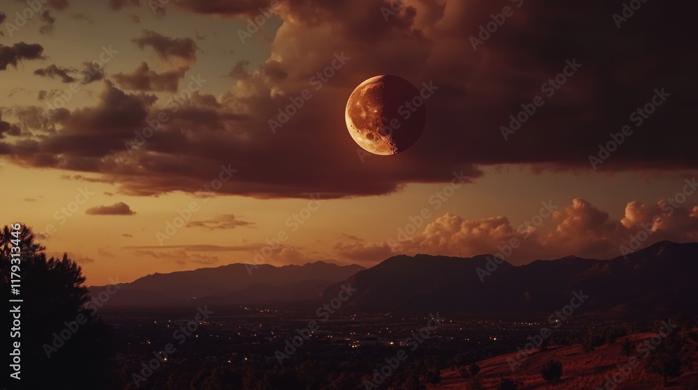 Dramatic sunset with a large, partially obscured red moon over a mountain range and valley. Dramatic sunset with a large, partially obscured red moon over a mountain range and valley.
