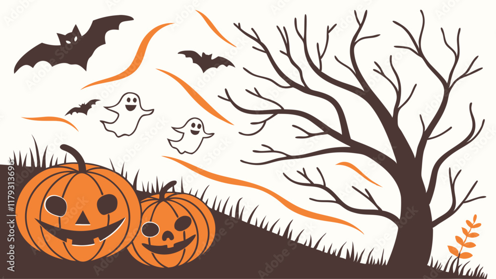 Halloween Scene with Pumpkins Ghosts and Bats Halloween Scene with Pumpkins Ghosts and Bats