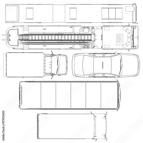 Drawing of a bus and a truck with a fire hydrant on top of the bus. The drawing is in black and white. Top view