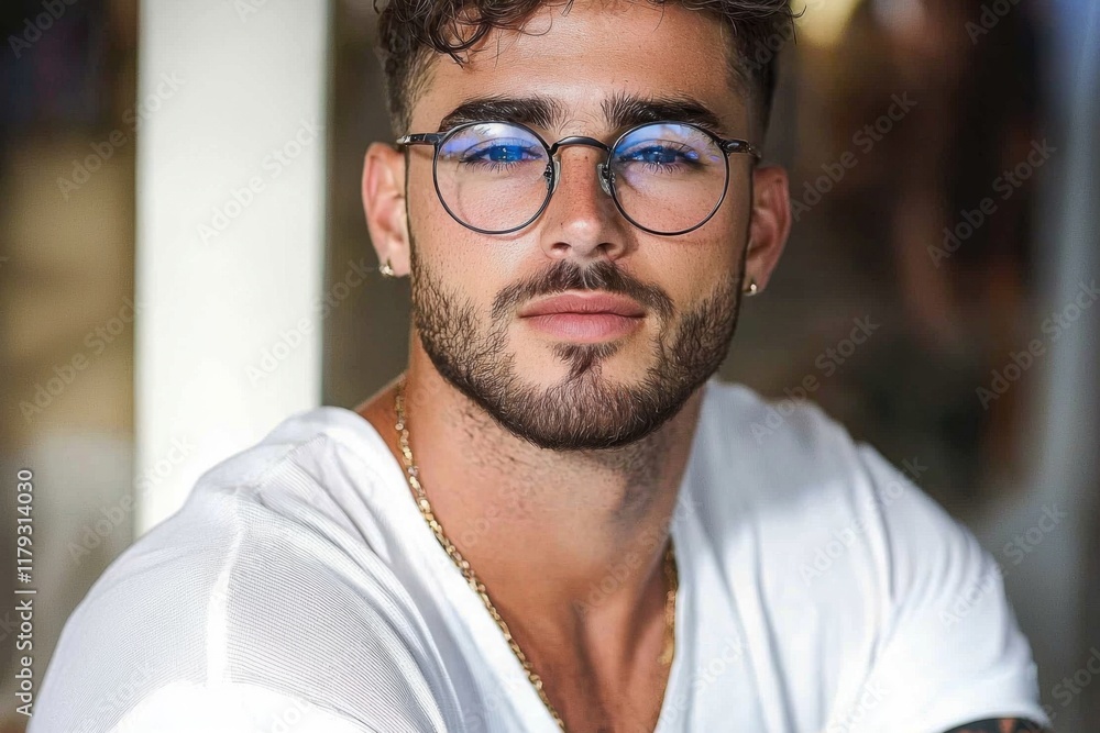 Stylish young man showcases confidence with captivating gaze in a vibrant setting Stylish young man showcases confidence with captivating gaze in a vibrant setting