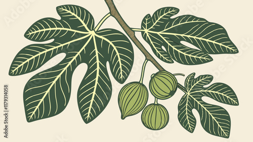 Detailed illustration of fig leaves and fruit on a branch.