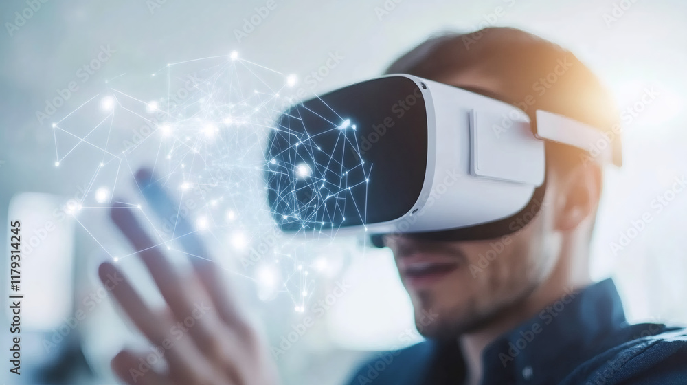 Engineer designing in virtual reality using a headset and interacting with a network Engineer designing in virtual reality using a headset and interacting with a network