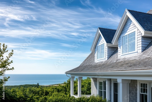 Wallpaper Mural A Cape Cod-style dwelling with white trim, slanted roof, and a peaceful coastal view Torontodigital.ca